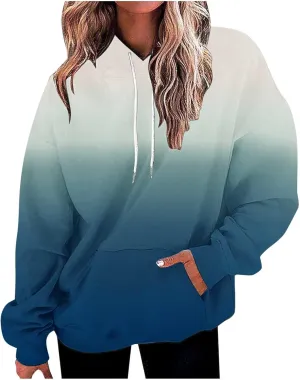 Long Sleeve Blouses for Women Fashion Drawstring Gradient Color Hooded Sweatshirts Causal Oversized Shirts Pullover