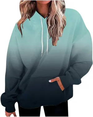 Long Sleeve Blouses for Women Fashion Drawstring Gradient Color Hooded Sweatshirts Causal Oversized Shirts Pullover