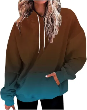 Long Sleeve Blouses for Women Fashion Drawstring Gradient Color Hooded Sweatshirts Causal Oversized Shirts Pullover