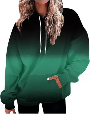 Long Sleeve Blouses for Women Fashion Drawstring Gradient Color Hooded Sweatshirts Causal Oversized Shirts Pullover