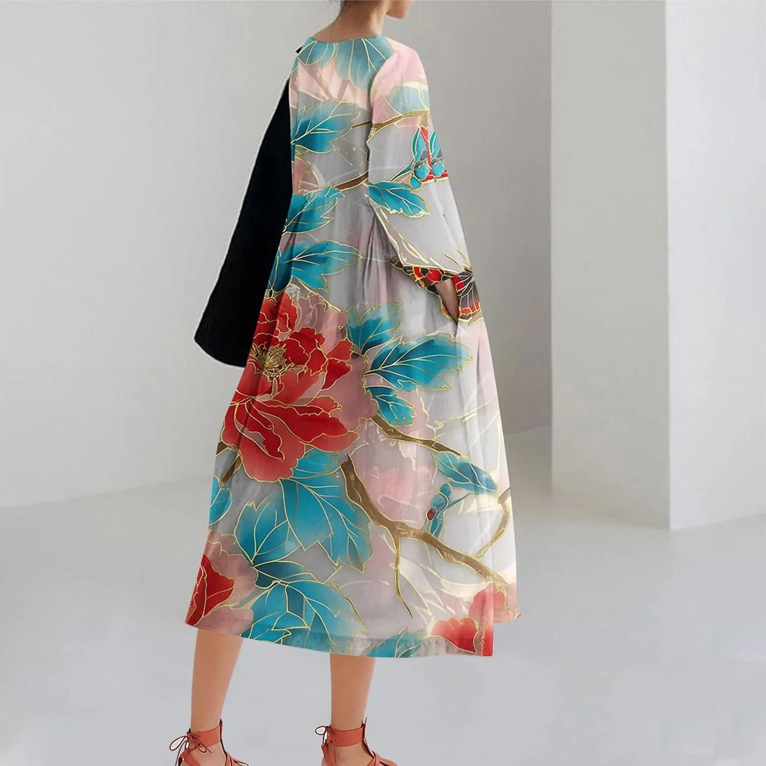 Long Sleeve Dress for Women Midi Casual Loose Fit Floral Boho Long Dress Fall Fashion 2024 Beach Vocation Dresses