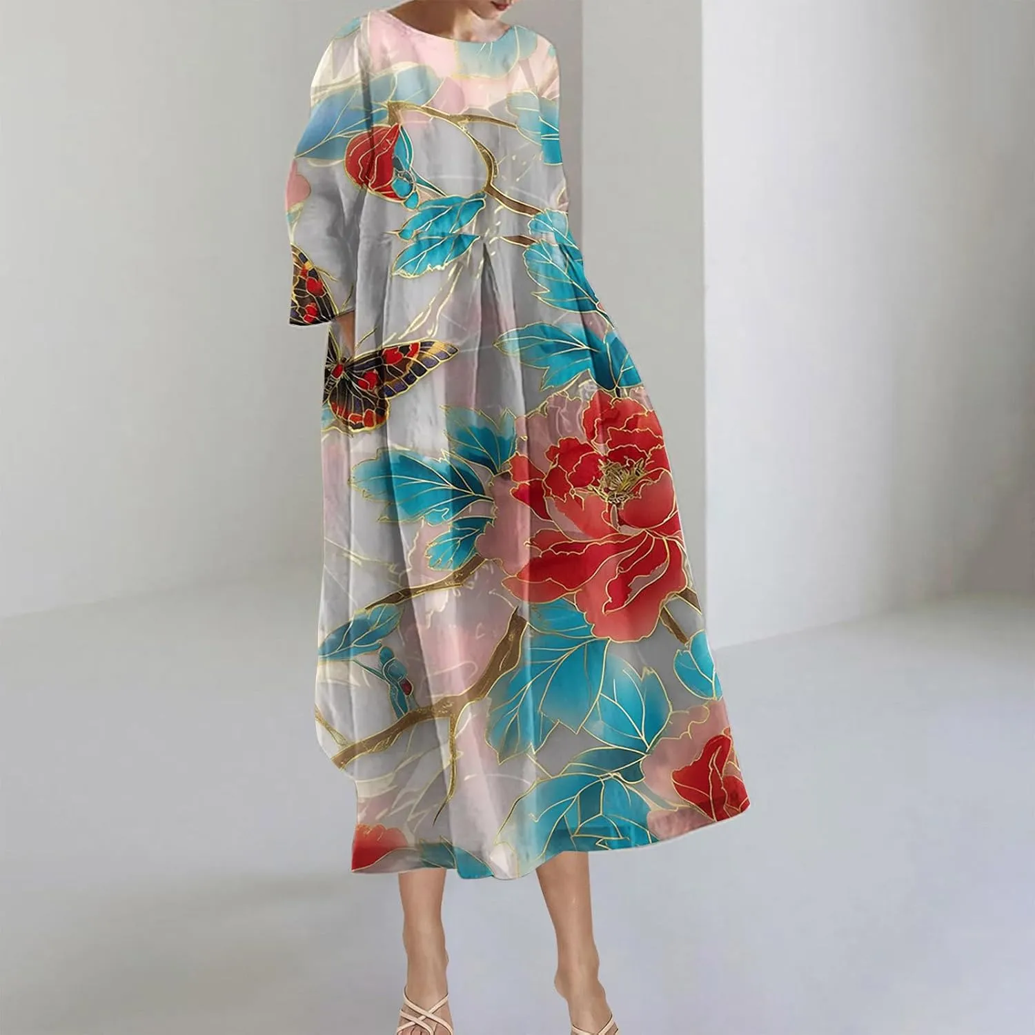 Long Sleeve Dress for Women Midi Casual Loose Fit Floral Boho Long Dress Fall Fashion 2024 Beach Vocation Dresses