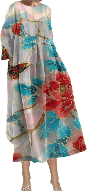 Long Sleeve Dress for Women Midi Casual Loose Fit Floral Boho Long Dress Fall Fashion 2024 Beach Vocation Dresses