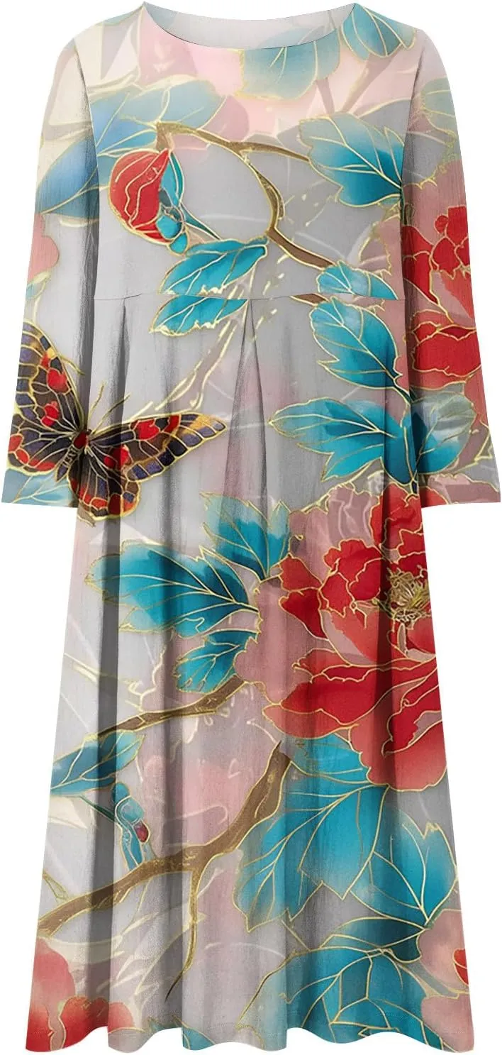 Long Sleeve Dress for Women Midi Casual Loose Fit Floral Boho Long Dress Fall Fashion 2024 Beach Vocation Dresses