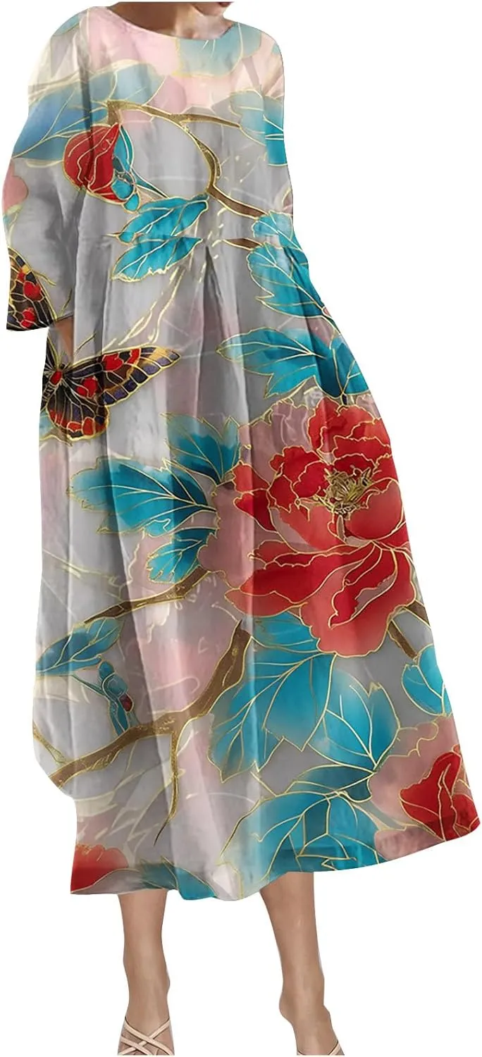 Long Sleeve Dress for Women Midi Casual Loose Fit Floral Boho Long Dress Fall Fashion 2024 Beach Vocation Dresses