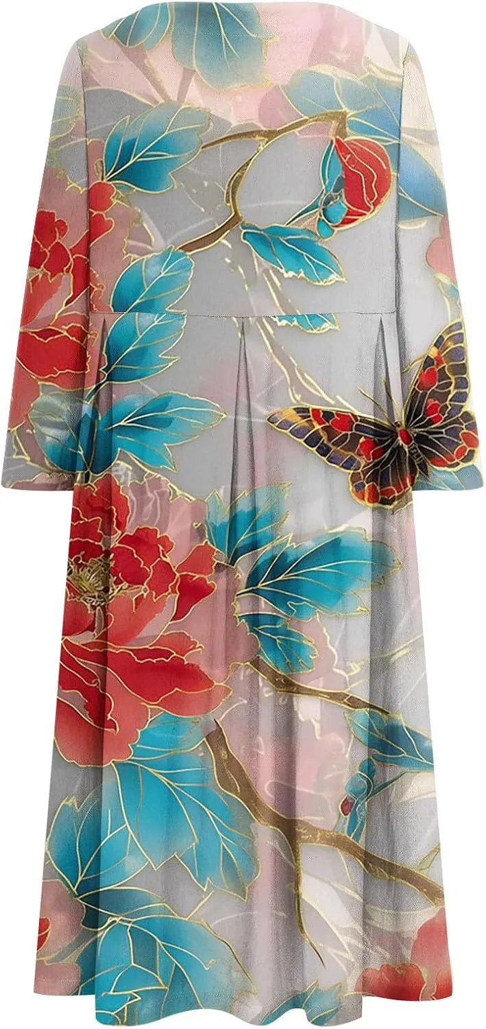 Long Sleeve Dress for Women Midi Casual Loose Fit Floral Boho Long Dress Fall Fashion 2024 Beach Vocation Dresses