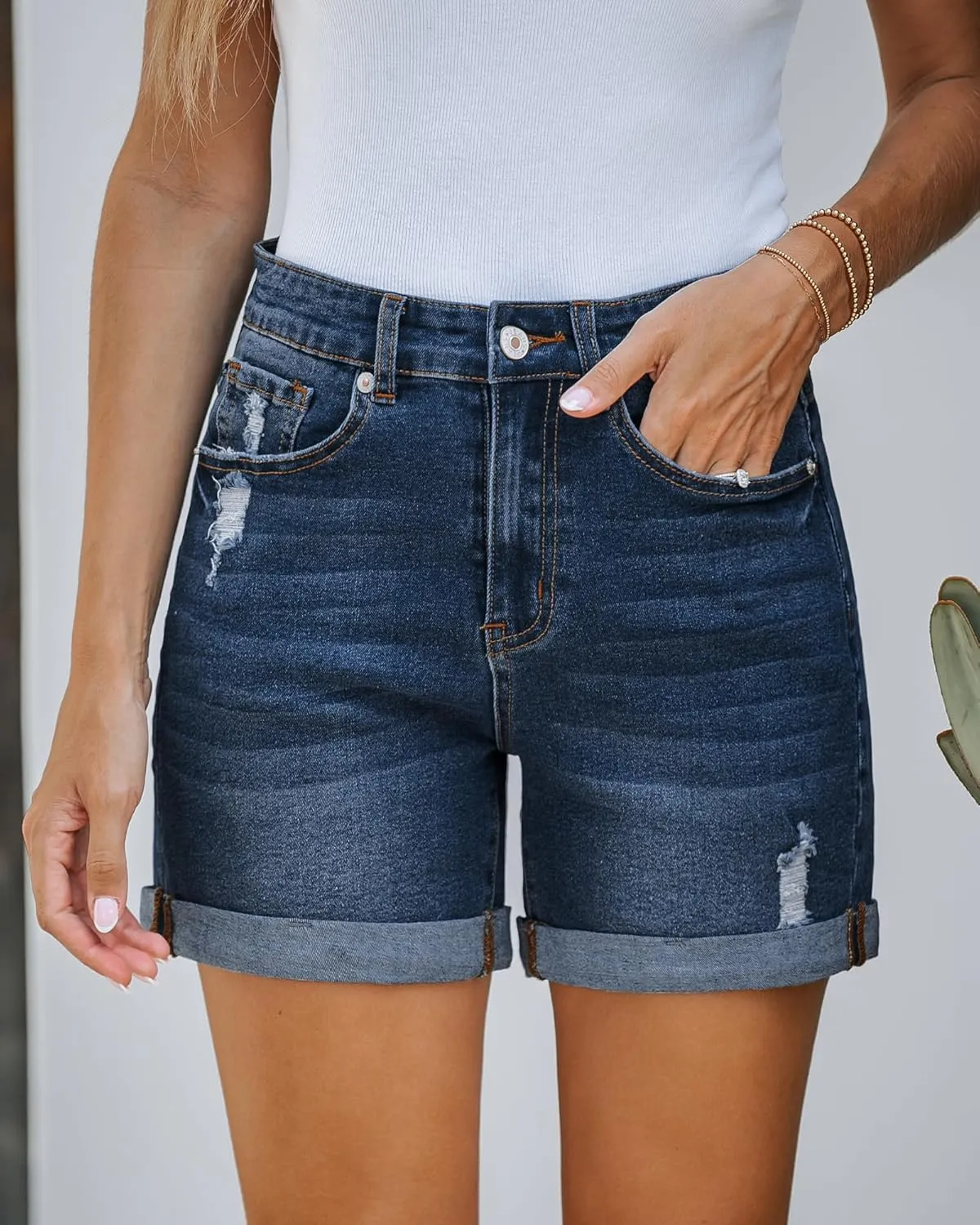 LookbookStore Jean Shorts Womens Stretchy High Waisted Ripped Denim Shorts with Pockets Trendy Distressed Cut Off Shorts