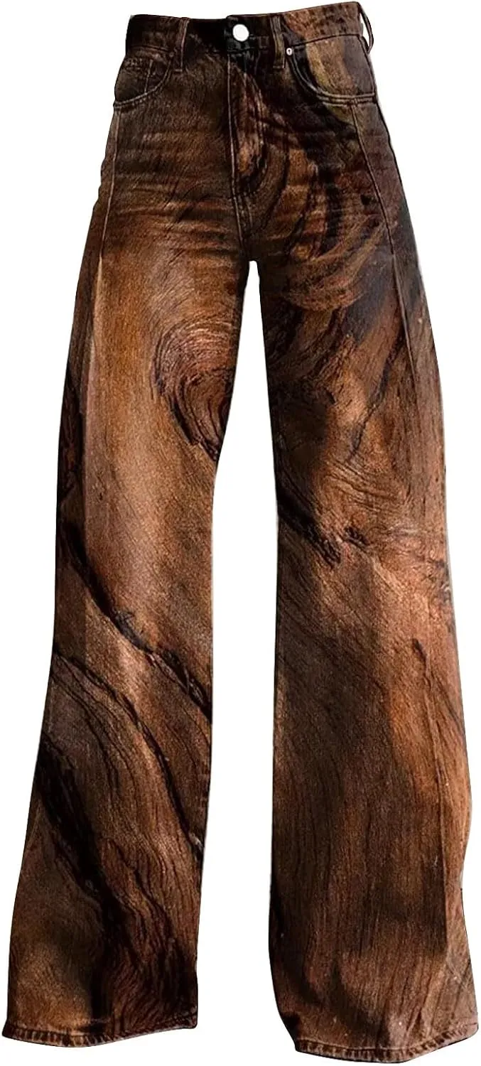 Loose Straight Cargo Pants Women Vintage Hippie Pants Casual High Waist Trendy Wide Leg Trousers Tie Dye Print Pants