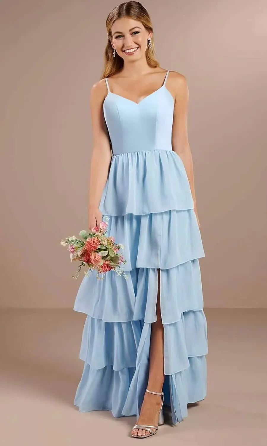 Loyeloy Women's Tiered Ruffles Bridesmaid Dresses with Slit 2025 V Neck Chiffon Formal Evening Gowns