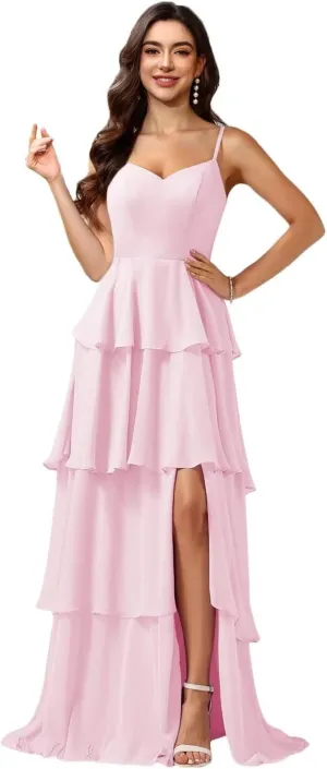 Loyeloy Women's Tiered Ruffles Bridesmaid Dresses with Slit 2025 V Neck Chiffon Formal Evening Gowns