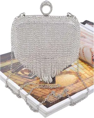 Luxury Rhinestone Heart Shape Tassel Evening Clutch Bag Shoulder Chain and Crystal Fringe for Weddings Parties