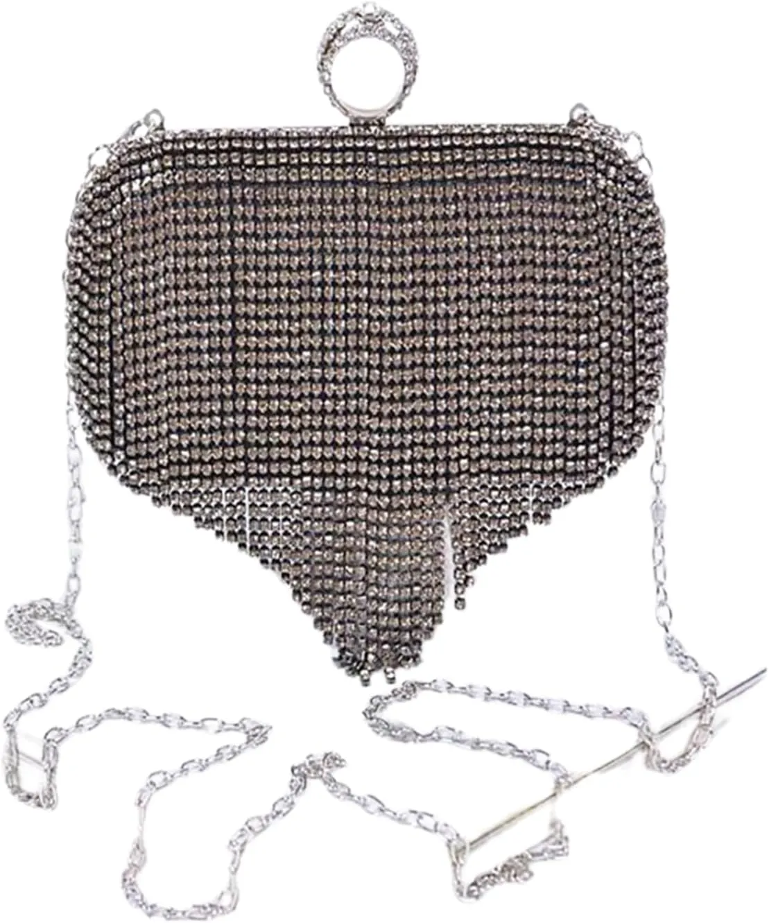 Luxury Rhinestone Heart Shape Tassel Evening Clutch Bag Shoulder Chain and Crystal Fringe for Weddings Parties