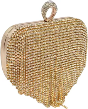 Luxury Rhinestone Heart Shape Tassel Evening Clutch Bag Shoulder Chain and Crystal Fringe for Weddings Parties