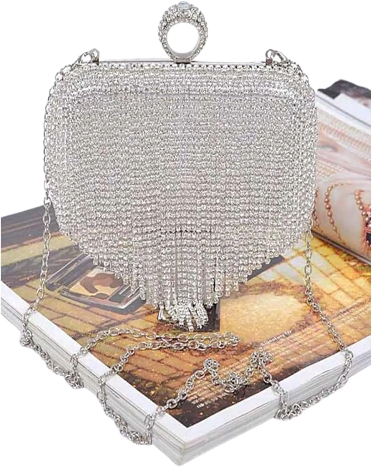 Luxury Rhinestone Heart Shape Tassel Evening Clutch Bag Shoulder Chain and Crystal Fringe for Weddings Parties