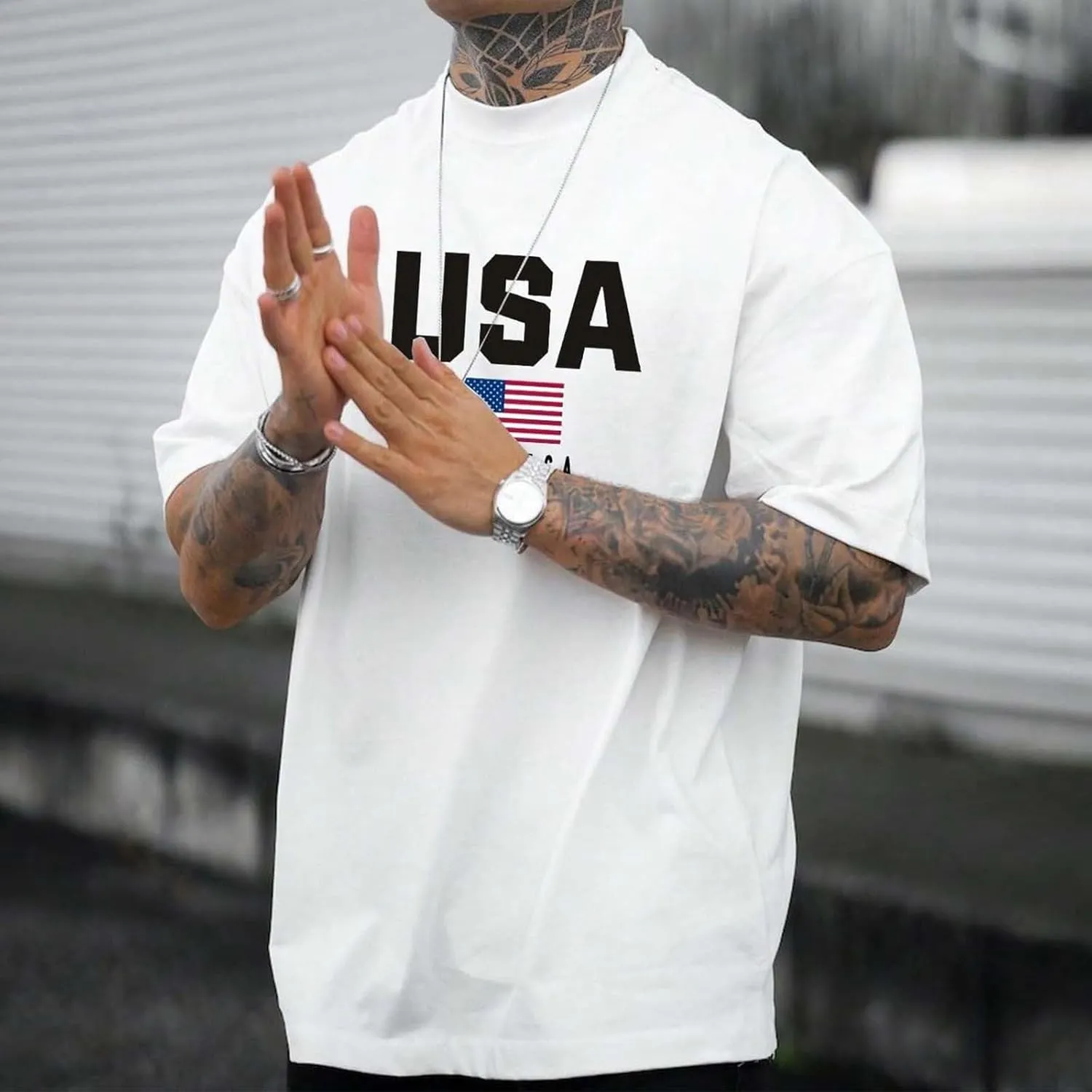Male Oversize Spring and Summer Trend Young Large Size Printing Short Sleeve T Shirt Top Spandex T Shirt Men