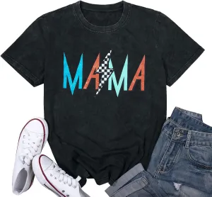 Mama Shirt Cheer Mom Shirt Graphic Tees for Women Acid Wash T-Shirt Vintage Letter Printed Tee Short Sleeve Casual Tops