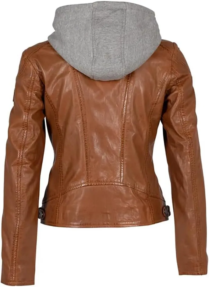 Mauritius Women's Allice Genuine Leather Jacket With Detach Hood