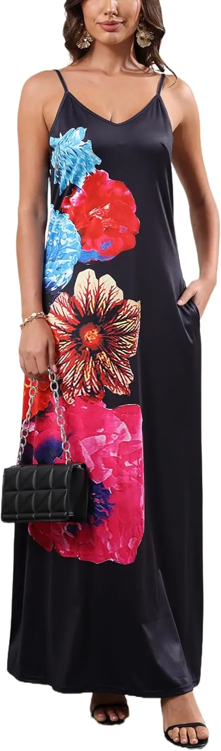 Maxi Dress for Women 2025 Plus Size Summer Casual Sexy Floral Sleeveless Vacation Long Sundresses with Pockets