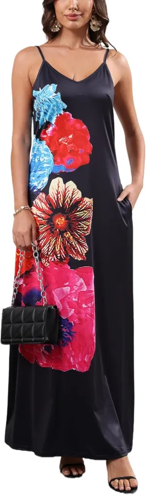 Maxi Dress for Women 2025 Plus Size Summer Casual Sexy Floral Sleeveless Vacation Long Sundresses with Pockets