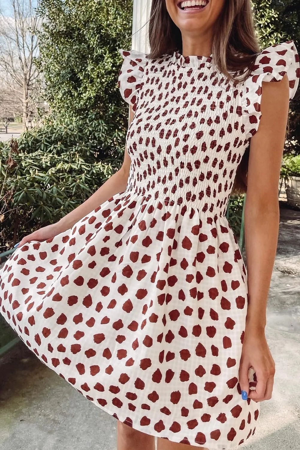 Melliflo Women's Floral Leopard Print Sundress Mock Neck Flutter Sleeve Smocked Babydol Mini Dress