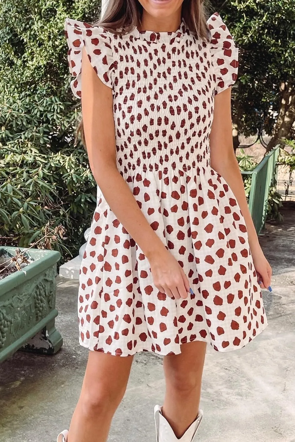 Melliflo Women's Floral Leopard Print Sundress Mock Neck Flutter Sleeve Smocked Babydol Mini Dress