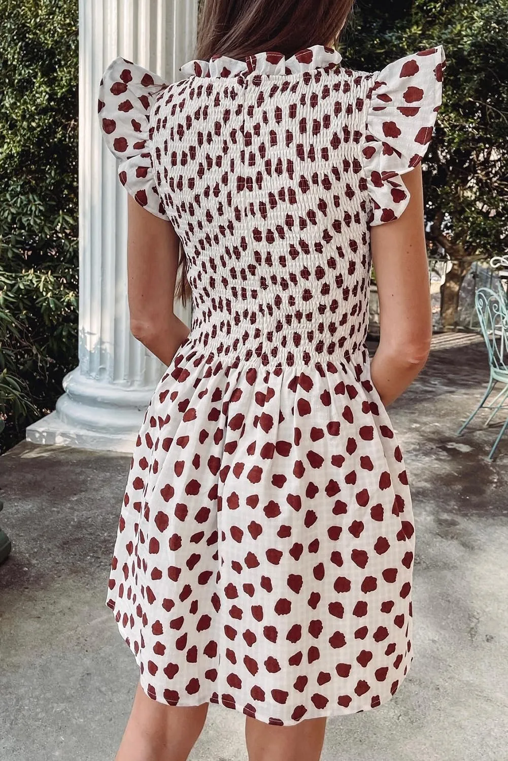 Melliflo Women's Floral Leopard Print Sundress Mock Neck Flutter Sleeve Smocked Babydol Mini Dress