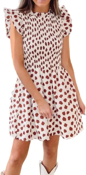 Melliflo Women's Floral Leopard Print Sundress Mock Neck Flutter Sleeve Smocked Babydol Mini Dress