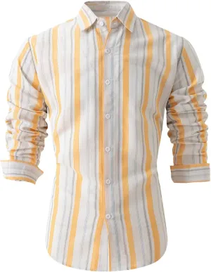 Men Cotton and Linen Shirt Button Down Lapel Striped Printed Long Sleeve Blouse Tops Casual Soft Slim Fit Shirts