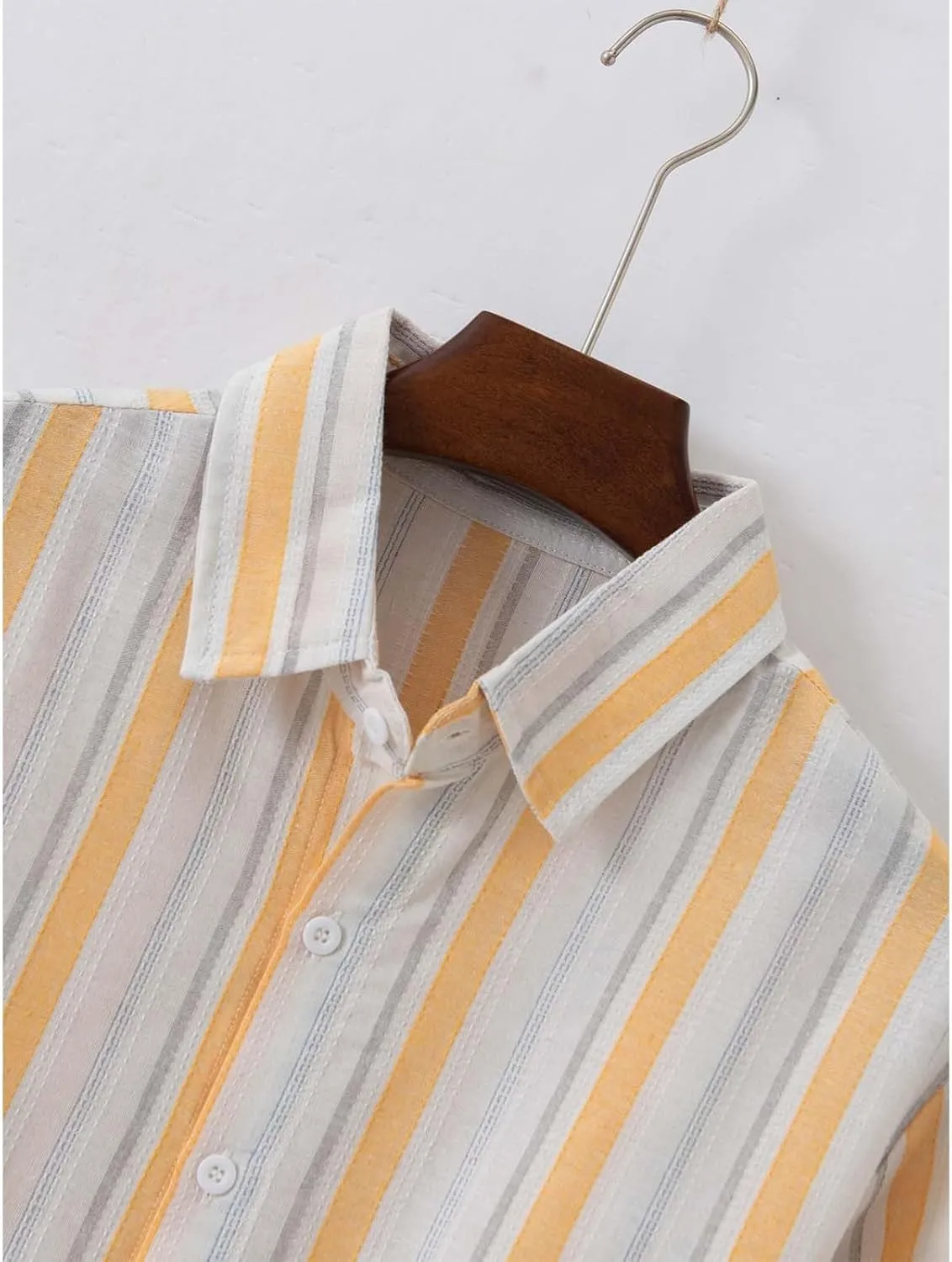 Men Cotton and Linen Shirt Button Down Lapel Striped Printed Long Sleeve Blouse Tops Casual Soft Slim Fit Shirts