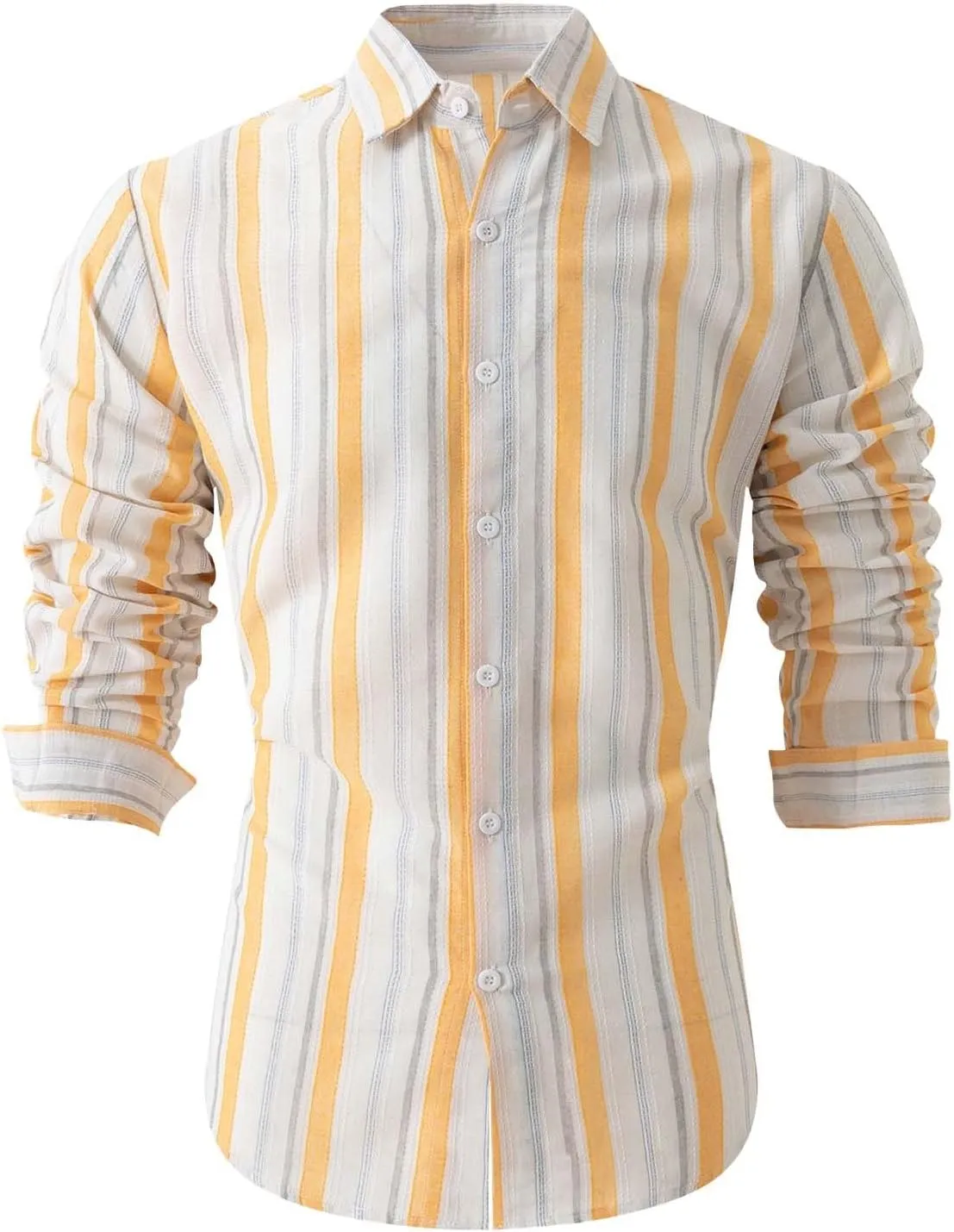 Men Cotton and Linen Shirt Button Down Lapel Striped Printed Long Sleeve Blouse Tops Casual Soft Slim Fit Shirts
