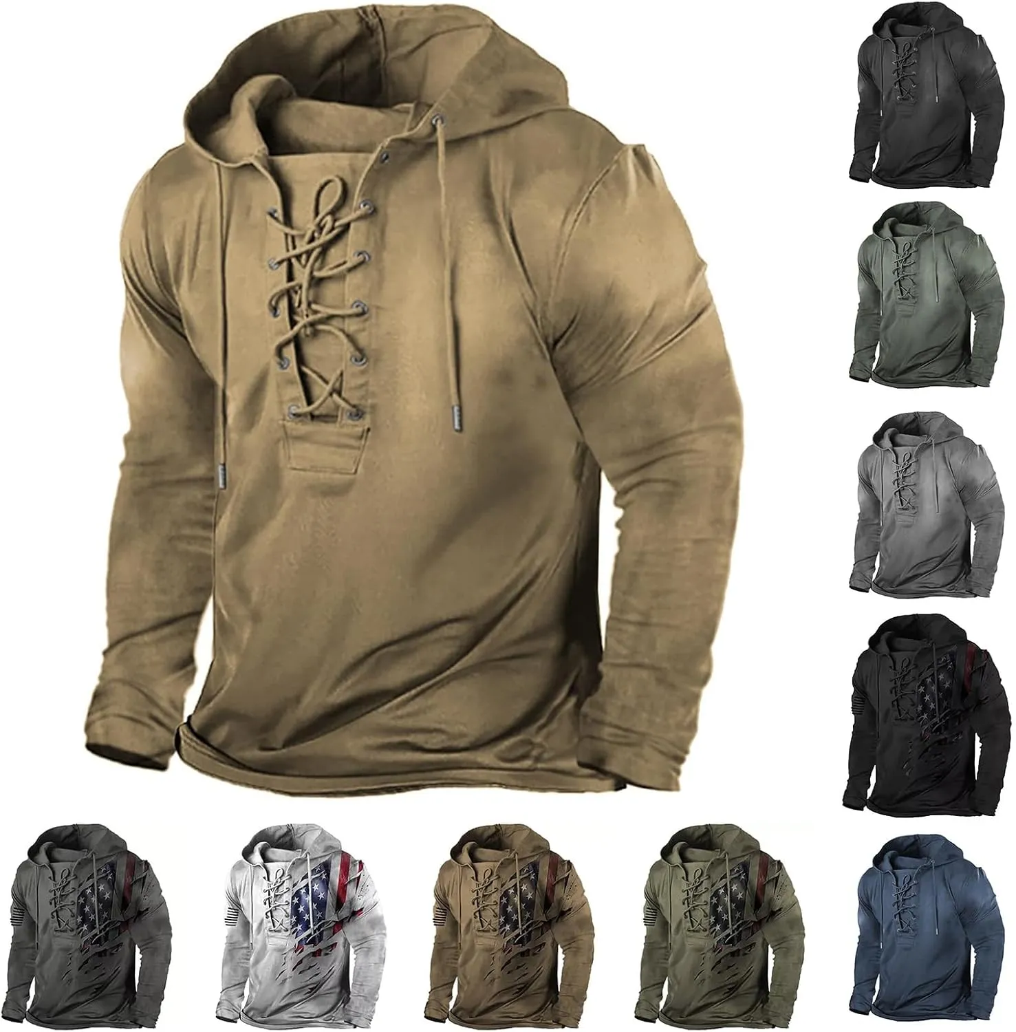 Mens American Flag Hoodie Military Tactical Hooded Sweatshirt for Men Outdoor Graphic Printed Laceup Pullover Shirt