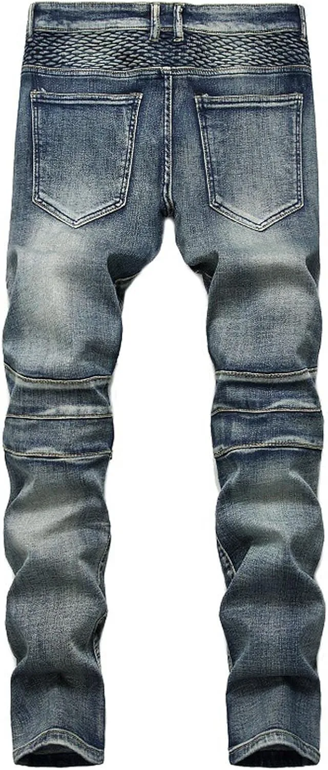 Men's Biker Moto Washed Jeans Bleach Distressed Slim Fit Straight Denim Pants Patchwork Patched Joggers Trousers