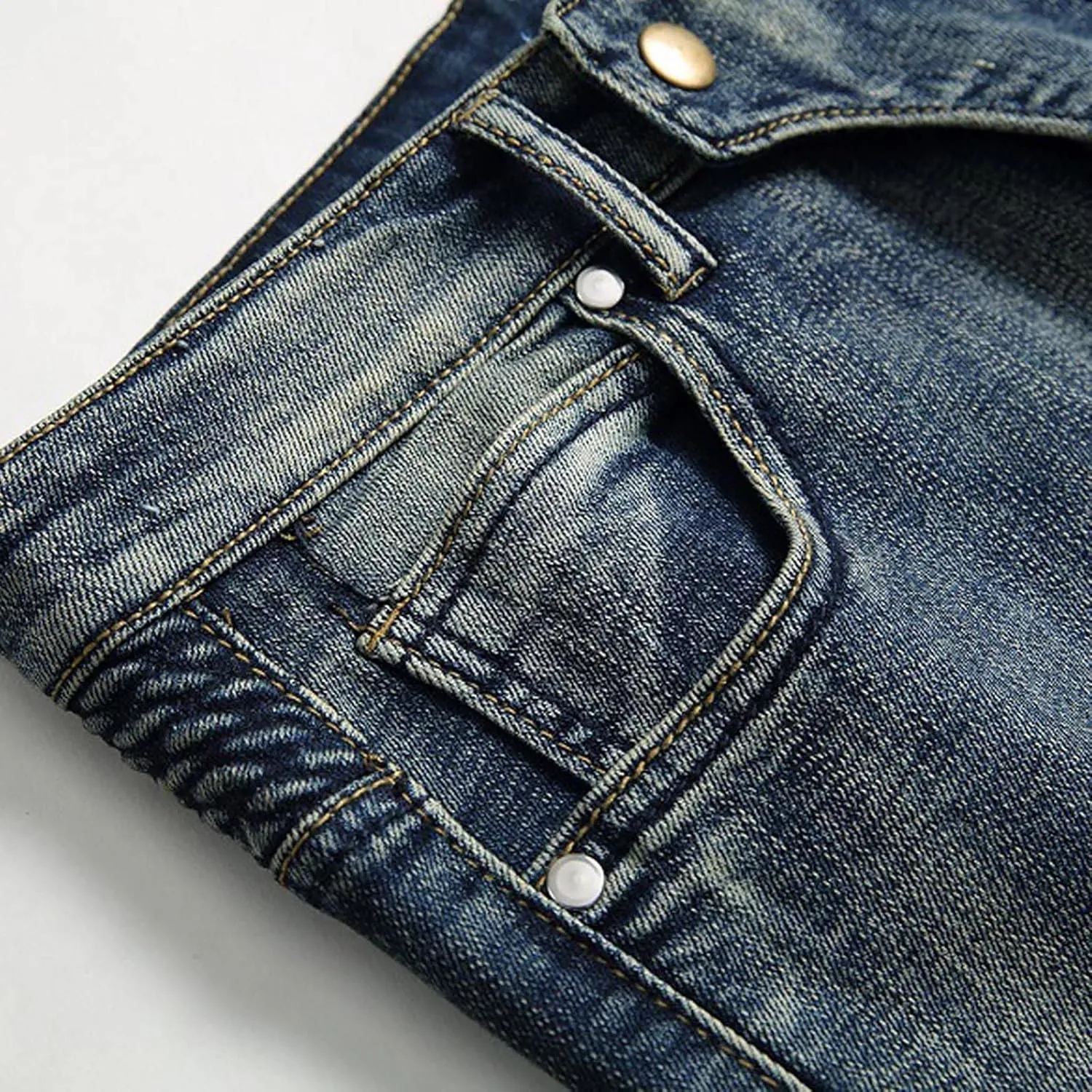 Men's Biker Moto Washed Jeans Bleach Distressed Slim Fit Straight Denim Pants Patchwork Patched Joggers Trousers