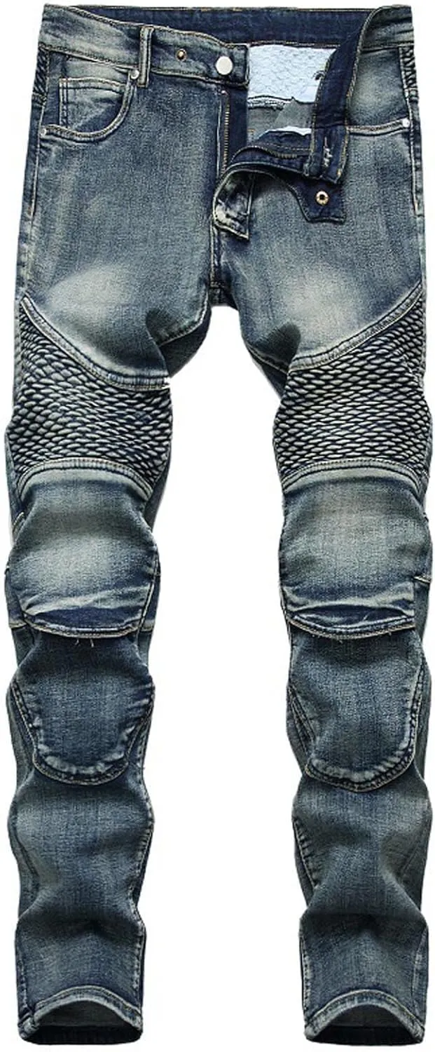 Men's Biker Moto Washed Jeans Bleach Distressed Slim Fit Straight Denim Pants Patchwork Patched Joggers Trousers