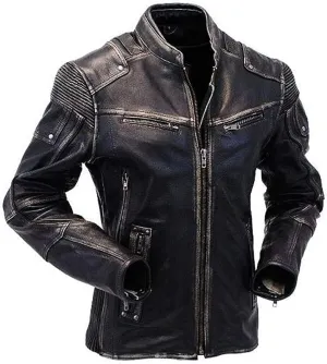 Men's Cafe Racer Genuine Leather Jacket - Distressed Retro Vintage Motorcycle Leather Jacket