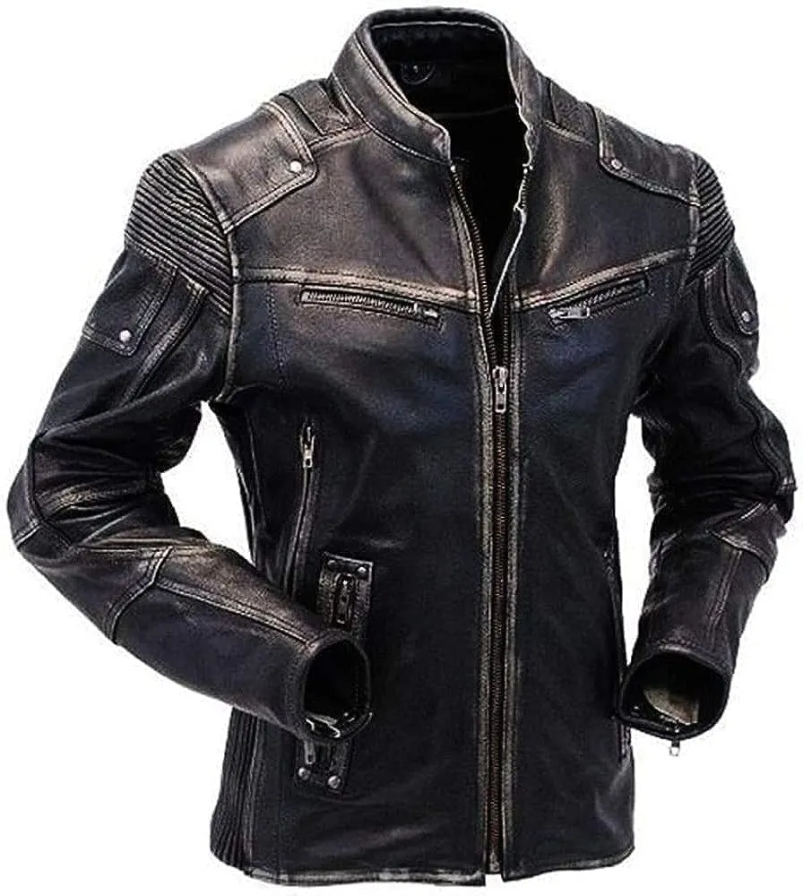Men's Cafe Racer Genuine Leather Jacket - Distressed Retro Vintage Motorcycle Leather Jacket