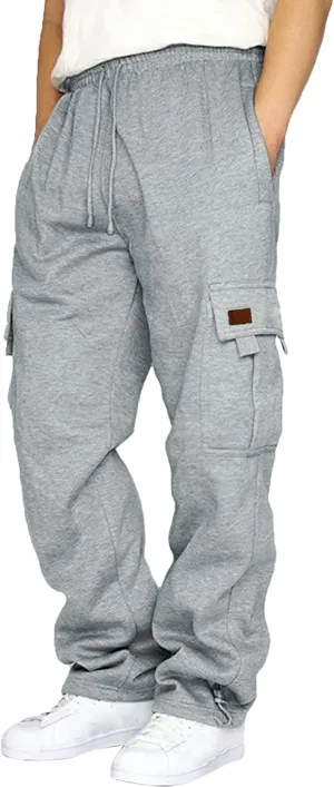 Men's Cargo Pants Fleece Casual Joggers Athletic Pants Cotton Drawstring Loose Fit Straight Sweatpants