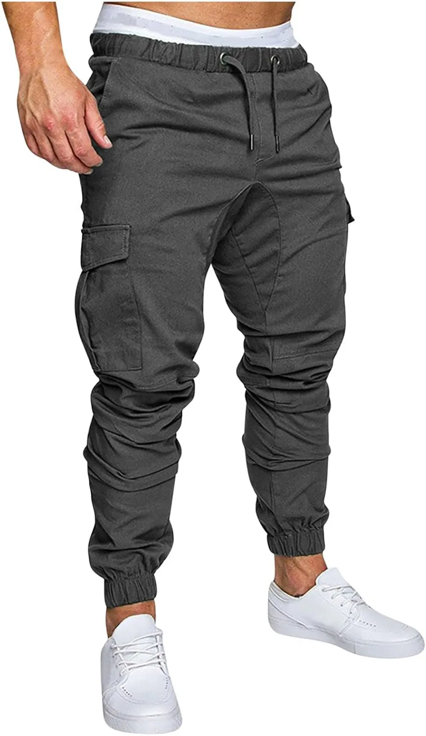 Mens Cargo Pants Slim Fit Drawstring Stretch Joggers Tapered Causal Fashion Solid Athletic Sweatpants Fall Trousers