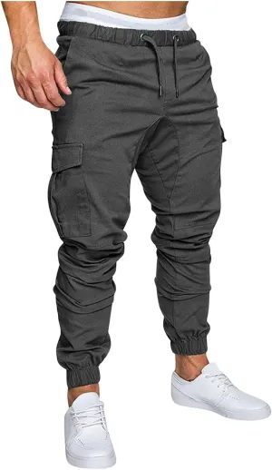 Mens Cargo Pants Slim Fit Drawstring Stretch Joggers Tapered Causal Fashion Solid Athletic Sweatpants Fall Trousers