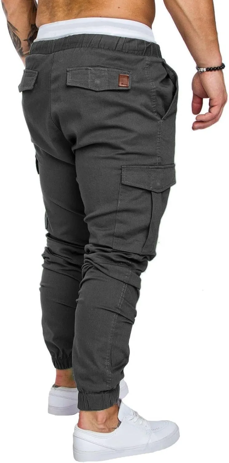 Mens Cargo Pants Slim Fit Drawstring Stretch Joggers Tapered Causal Fashion Solid Athletic Sweatpants Fall Trousers