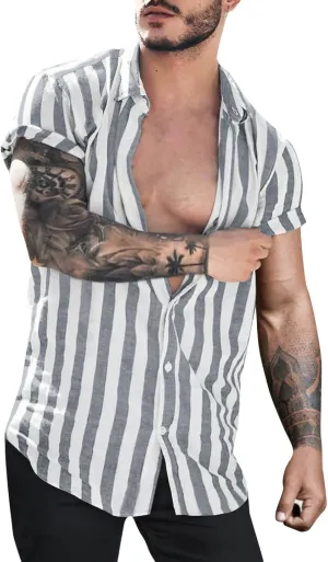 Mens Casual Button Down Striped Shirts Regular Fit Short Sleeve Chambray Dress Shirt Summer V Neck Linen Work Blouse Top