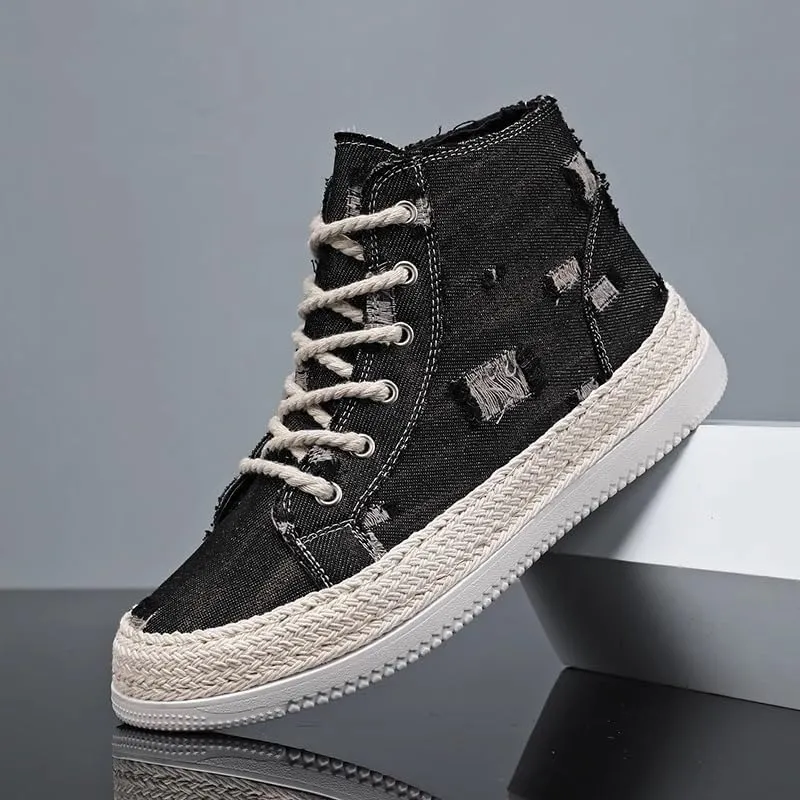 Men's Casual high Shoes, Thick-Soled, Anti-Slip Sports Skateboarding Shoes, Denim Fabric, Outdoor