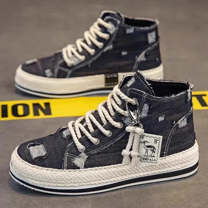 Men's Casual high Shoes, Thick-Soled, Anti-Slip Sports Skateboarding Shoes, Denim Fabric, Outdoor