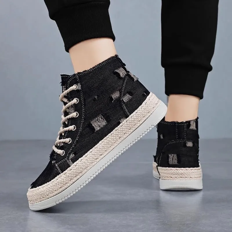 Men's Casual high Shoes, Thick-Soled, Anti-Slip Sports Skateboarding Shoes, Denim Fabric, Outdoor