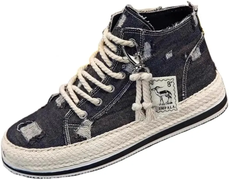 Men's Casual high Shoes, Thick-Soled, Anti-Slip Sports Skateboarding Shoes, Denim Fabric, Outdoor