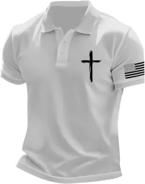 Mens Christian Cross Polo Shirts American Flag Short Sleeve Golf Clothes 4th of July USA Flag Casual Patriotic Tops