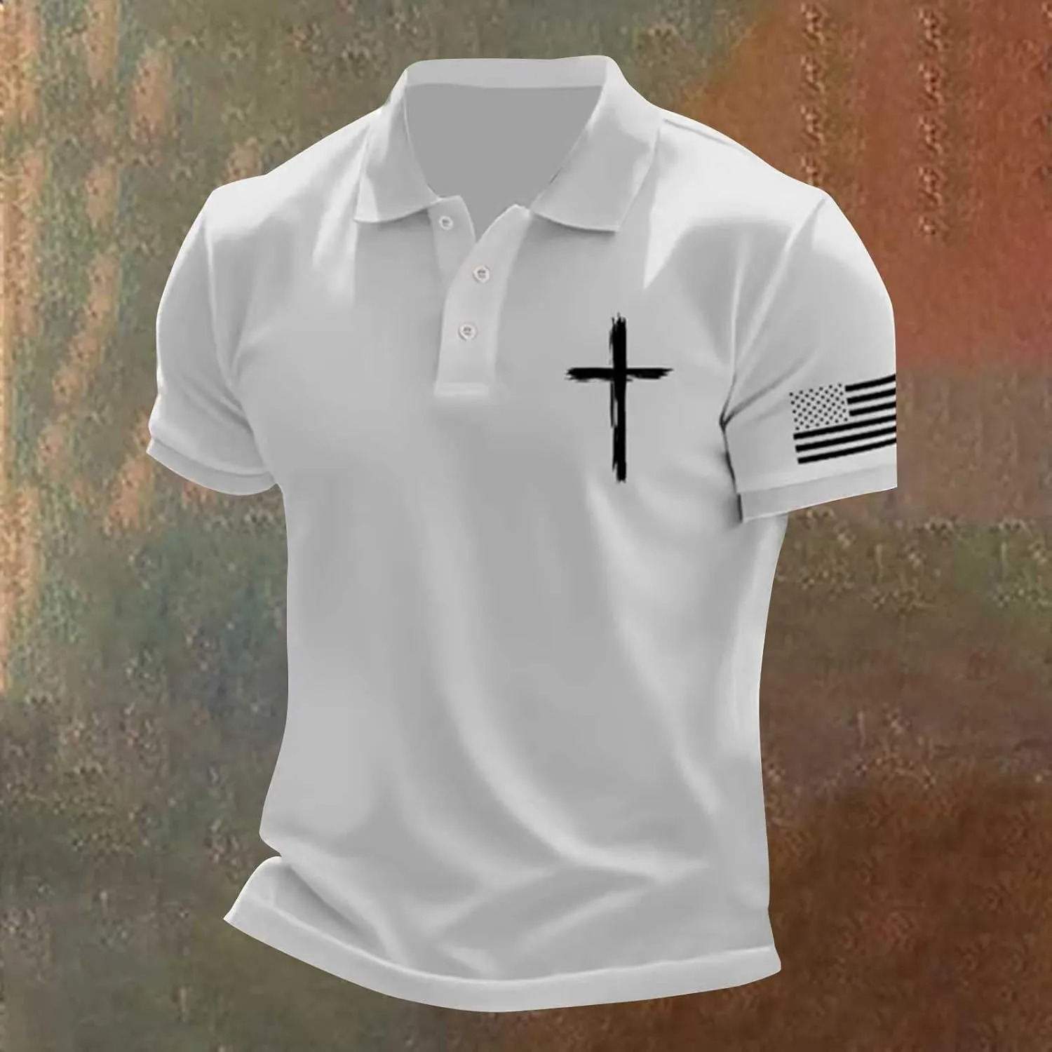 Mens Christian Cross Polo Shirts American Flag Short Sleeve Golf Clothes 4th of July USA Flag Casual Patriotic Tops