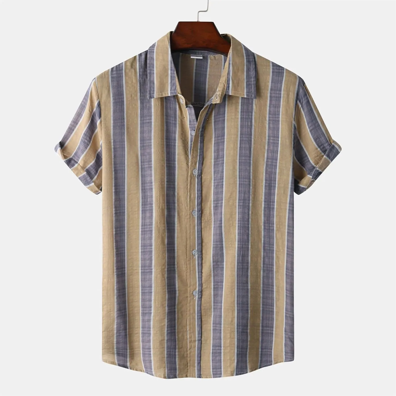 Mens Color Block Striped Print Short Sleeve Button Up Casual Shirts, Cotton Linen Summer Floral Hawaiian Shirts