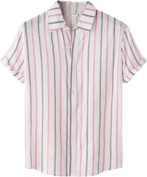 Mens Color Block Striped Print Short Sleeve Button Up Casual Shirts, Cotton Linen Summer Floral Hawaiian Shirts