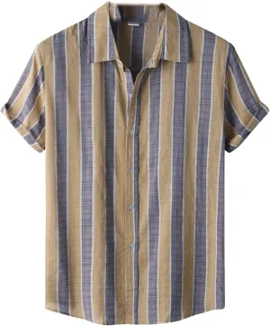 Mens Color Block Striped Print Short Sleeve Button Up Casual Shirts, Cotton Linen Summer Floral Hawaiian Shirts